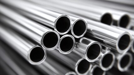 Stacked metal pipes. The circular openings create a repeating pattern, highlighting industrial design and precision. Silver tones dominate the view.