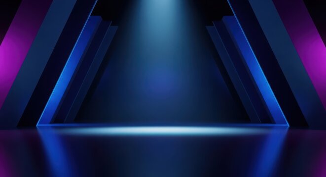 3d illustration of futuristic stage with glowing blue and purple lights, creating a dramatic triangular tunnel effect