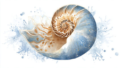 Obraz premium A delicate watercolor painting of a nautilus shell evokes a cozy, kawaii vibe, perfect for serene settings.