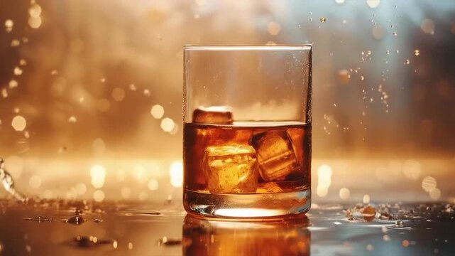 A glass of whiskey with splashes and ice is a striking accent for advertising alcoholic beverages, bar menus, culinary blogs, and articles about the culture of alcohol consumption.
