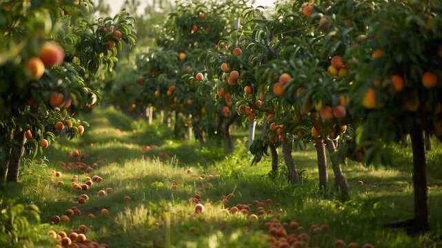 An orchard with ripening peaches: juicy fruits on branches and on the ground, surrounded by greenery. Perfect for articles about agriculture, healthy eating, and ecotourism.
