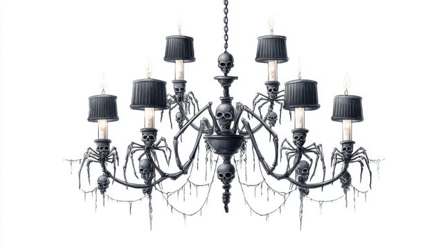 A gothic-style chandelier with skull and spider detailing, perfect for Halloween.