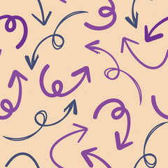 Purple and blue arrows on beige background form a playful abstract pattern with dynamic flow
