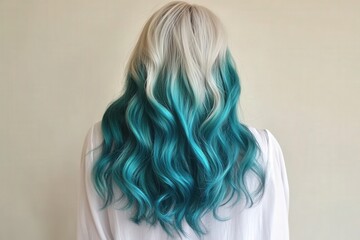 Naklejka premium Vibrant teal ombre highlights accentuate a woman's wavy blonde hair, creating a striking and stylish look.