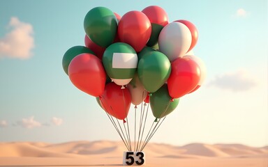 UAE's 53rd National Day Celebration with Balloons Taking off No. 53, 3D Illustration Render. High quality
