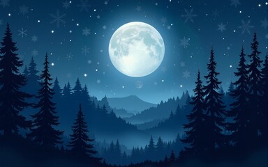 Naklejka premium Night forest with moon and stars. Abstract background for Winter Solstice. High quality