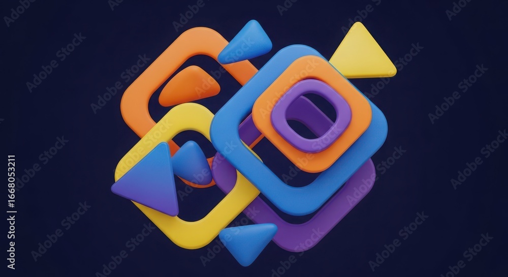 Poster 3d illustration of a dynamic arrangement of colorful geometric shapes, including rounded squares and