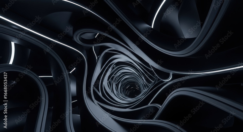 Poster 3d illustration of abstract dark futuristic tunnel with glowing white lines, creating a sense of mot