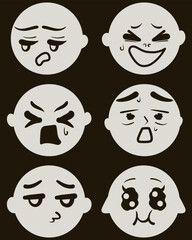 Cute doodle face set. Different anime faces stickers. Manga style vector illustration.