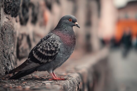 A pigeon perched on a stone ledge with a blurred background of buildings and people visible behind it