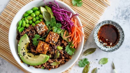Grain bowl with wild rice, sesame tofu, edamame, purple cabbage, carrots and avocado served with Asian sauce on bamboo mat