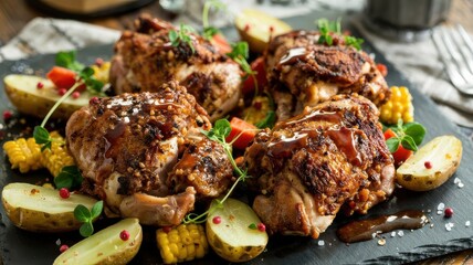 Blackened cajun chicken thighs with glossy glaze on slate platter, garnished with roasted potatoes, corn and microgreens, professional food photography