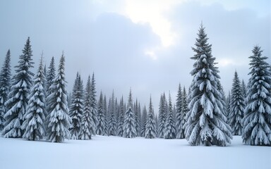 Tall trees are covered in snow, standing still and stretching towards a cloudy winter sky, creating a serene and peaceful winter landscape moment. High quality