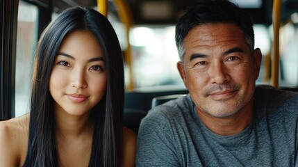 Fototapeta premium Bus commute with diverse passengers - young Asian woman and middle-aged man sharing authentic moment during public transportation journey