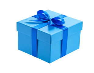 Obraz premium Angled Side View of Gift Box with Glossy Blue Ribbon Bow, isolated on transparent background PNG