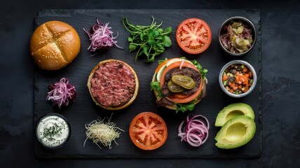 Gourmet burger ingredients arranged in flat lay composition on dark slate featuring premium beef patty, brioche bun, fresh vegetables and artisanal condiments