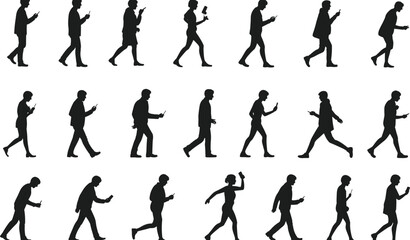 Silhouettes of business people walking while using smartphones, modern digital lifestyle concept, urban mobile communication, black vector collection