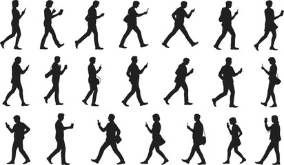Silhouettes of business people walking while using smartphones, modern digital lifestyle concept, urban mobile communication, black vector collection