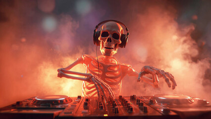 Skeleton dj wearing headphones mixes music on a dj mixer in a nightclub filled , creating a vibrant and spooky atmosphere for the halloween party