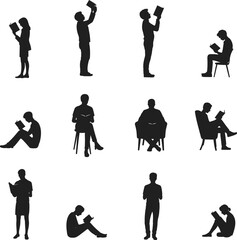 Silhouette illustrations of men and women reading books, various sitting poses, minimalist black and white vector, learning and education concept