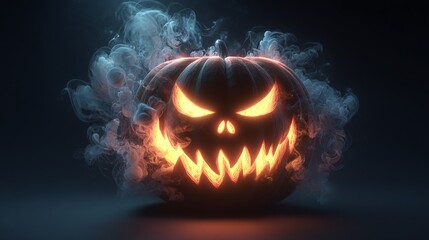 Fototapeta premium the most verbal halloween pumpkin with a smile with huge teeth, glowing green eyes from which smoke comes out on a dark background