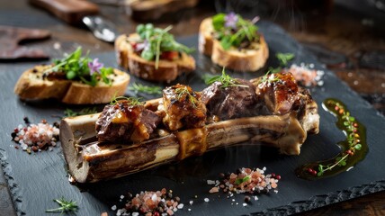 Grilled bone marrow with caramelized glaze served on black slate with artisanal crostini and gourmet seasonings