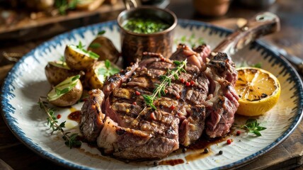 Grilled bison ribeye steak sliced on rustic ceramic plate with charred lemon halves, fresh thyme and roasted potatoes in restaurant setting