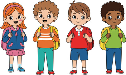 Group of diverse cartoon school children with backpacks, smiling and standing together, education concept, happy kids illustration, back to school