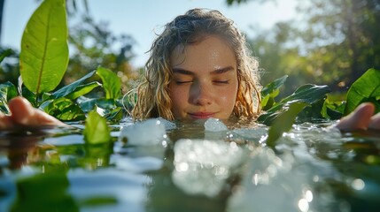 Serene cooling therapy experience with blonde woman relaxing in refreshing natural water bath setting