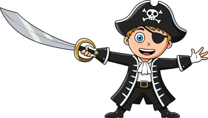 Cartoon pirate boy holding sword, wearing black costume with hat and eyepatch, happy young buccaneer character, kids adventure illustration