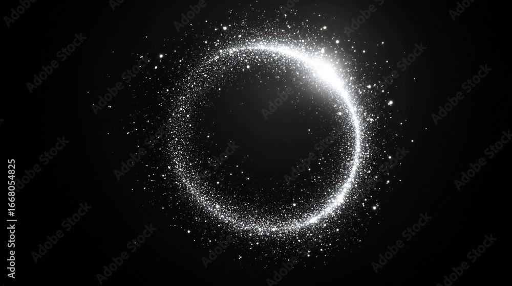 Poster Circular light effect of white sparks magical glow. Abstract transparent background with round glitter sparkle and silver vector border stroke. circular dust particle pattern with a trail of stars