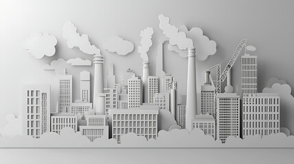 Obraz premium 3D Render of a White Urban Cityscape with Factories and Skyscrapers, Pollution and Environmental Concerns