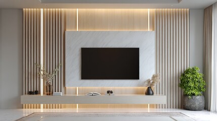 Interior TV on marble panel, flanked by wood slats, plants, on light-colored shelf