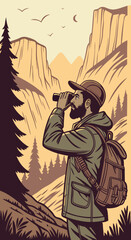 A Hispanic man with a beard, wearing a sustainable outdoor jacket and a backpack, looking at a mountain peak through binoculars. He is on a hiking trail at sunrise. The scene is in a national park wit