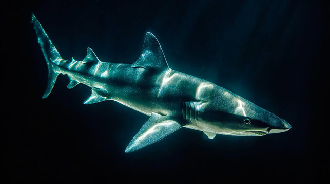 Close up of a deep sea spiny dogfish shark its body adorned with mesmerizing phosphorescent markings that glow in the dark waters of the ocean