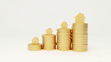 Stacks of gold coins with small gold house models on top, increasing in height.