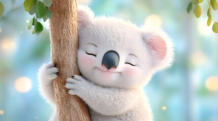 Fototapeta premium Adorable koala hugging tree with closed eyes and smiling face