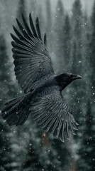Fototapeta premium A raven, wings outstretched, soars through the winter air, snowflakes settling on its black plumage, and a blurry forest can be seen behind it. 