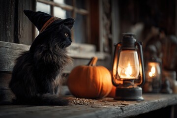 A black cat wearing a witch's hat sits amidst autumnal pumpkins and antique lanterns, bathed in warm, rustic light.