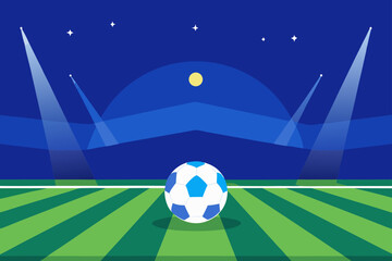 Naklejka premium Soccer ball on a stadium field under bright spotlights at night