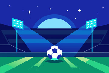 Naklejka premium Soccer stadium at night with a ball on the field under stadium lights