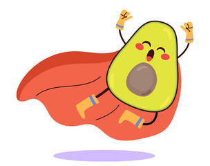 Vector illustration of an adorable avocado character flying with a cheerful expression. Mascot for health campaigns, food branding or children’s designs