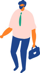 Flat vector illustration of businessman walking. Isometric male character with briefcase, professional office lifestyle, modern work and corporate concept.