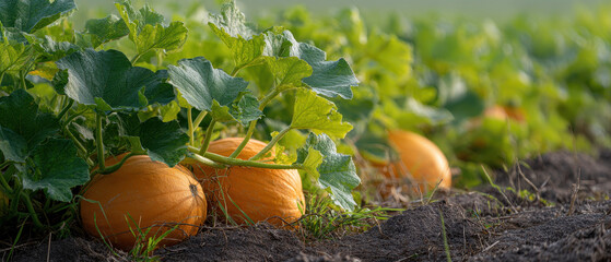 Pumpkin vine with ripe pumpkins in field during autumn