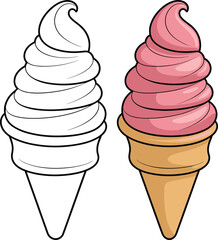 Delicious Soft Serve Ice Cream Cones, White and Pink Swirl on a Crunchy Cone, Perfect for Summer, Dessert Treats, Sweet Indulgence