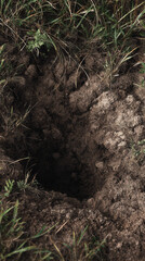 Fototapeta premium Rabbit hole opening in grassy meadow