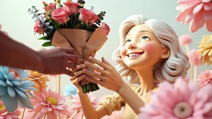 Young woman receiving bouquet of flowers with joy in floral setting  on Mother's Day   - Powered by Adobe