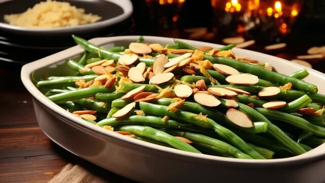 Delicious green beans with almonds prepared in a cozy kitchen setting