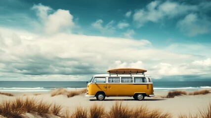 Classic yellow van parked on sandy beach under a cloudy sky during late afternoon