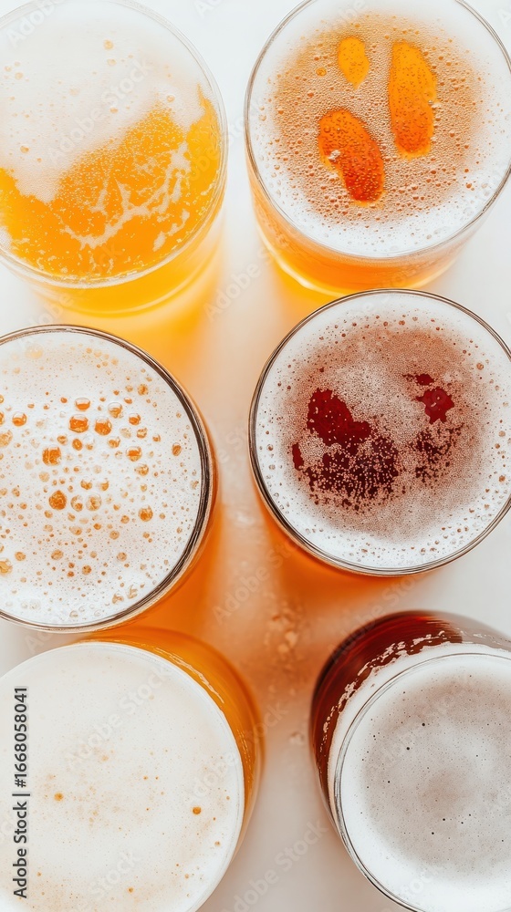 Poster overhead close up view of craft beverages with bubbles and foam in clear glasses on bright surface s
